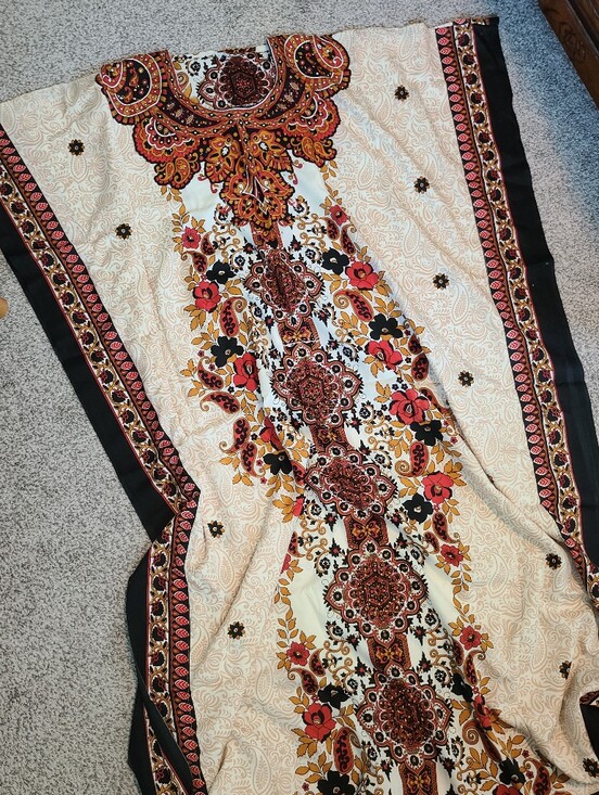 Dresses & Skirts - Boho Floral Kaftan — Cream with Red, Black, and Mustard Print